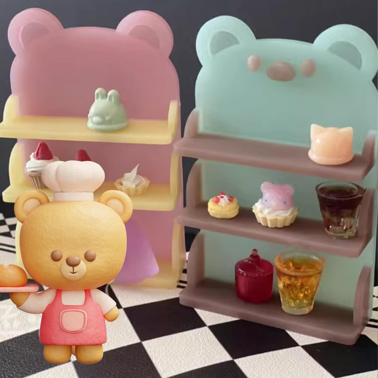 Mini Bear Display Shelf Shape Resin Silicone Molds 3D Simulation Bookshelf Epoxy Casting Molds for DIY Micro Resin Dollhouse Kitchen Tiny Things Display Decor