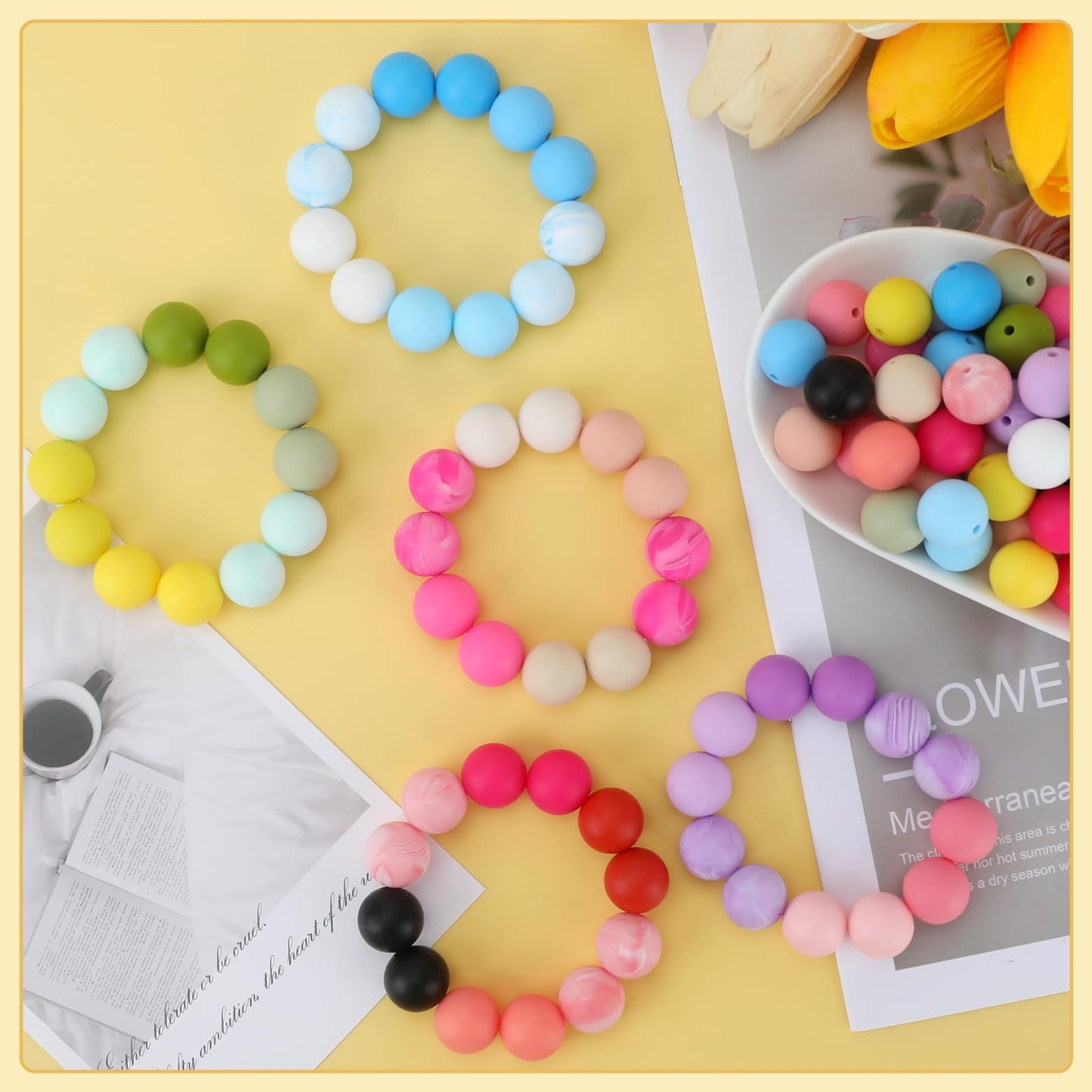 SALUOKE 100 Pcs 15mm Silicone Beads for Keychain Making, Pink Gream Silicone Beads Bulk Round for Bracelets Pens Crafts Jewelry Making (Colorful)
