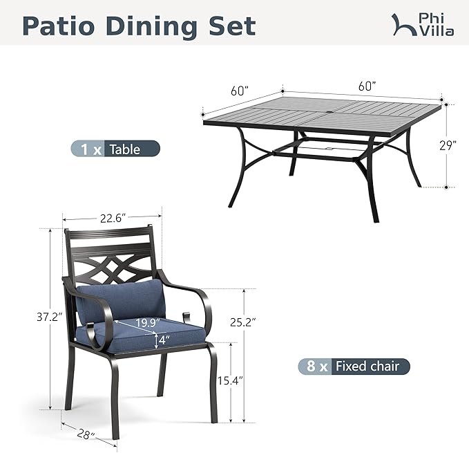 PHI VILLA 9 Pieces Outdoor Dining Set for 8, 60" Square Black Metal Table with Umbrella Hole & Wrought Iron Chairs, All Weather Outside Furniture with Blue Cushions & Pillows for Patio, Deck, Porch