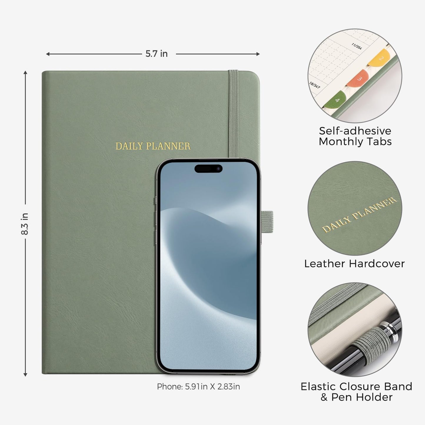 LOAPEM Daily Planner Undated, Appointment Book for Hourly, Daily and Monthly, 365 Days, One Page a Day, Medium Size (5.7" x 8.3"), Leather Hardcover, 12 Self-adhesive Monthly Tabs (Light Green)