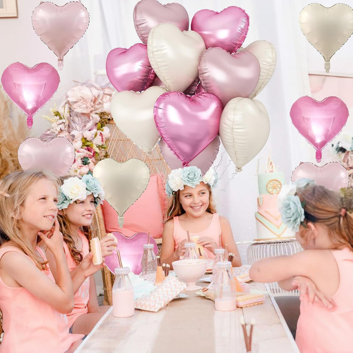 Pink White Heart Balloons, 12PCS Baby Pink Cream Heart Foil Balloons, Pastel Pink Light Pink White Heart Shaped Mylar Balloons for Girls Women Birthday Baby Shower Wedding Valentine's Party Decoration