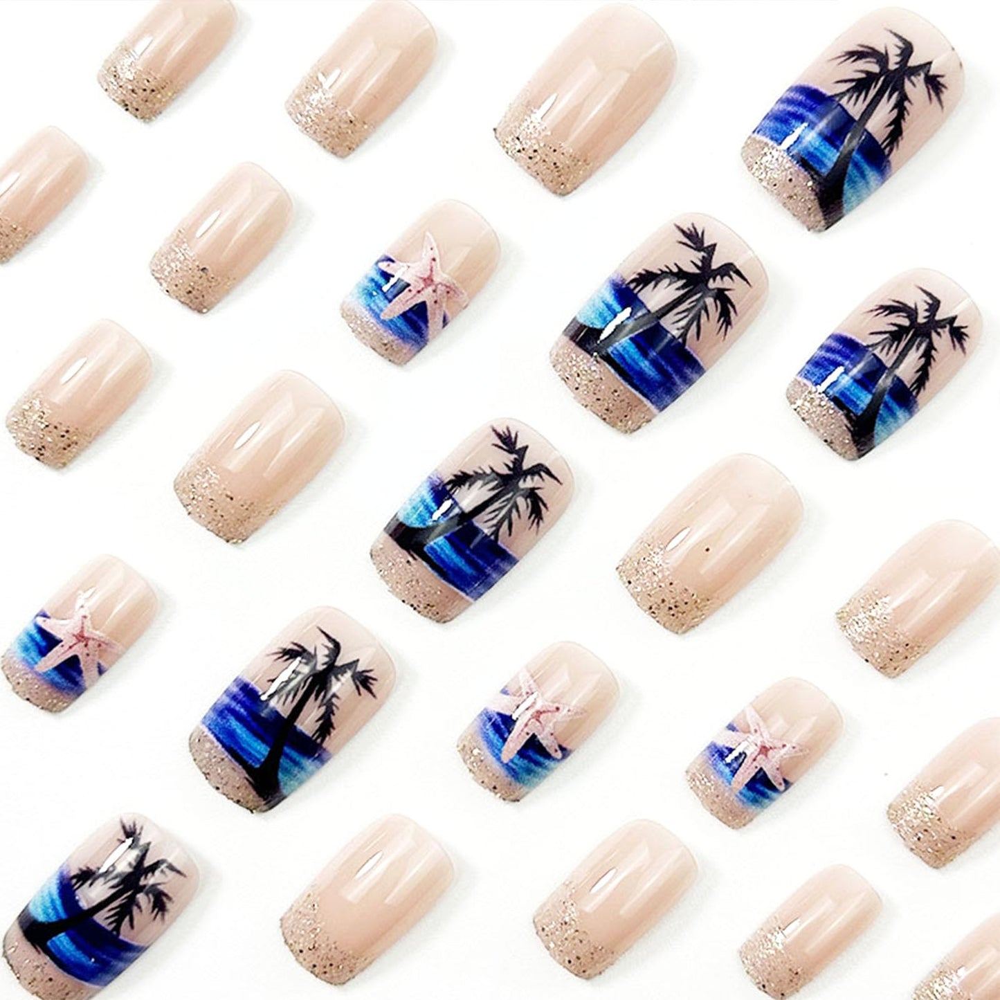 Summer Press on Nails Medium Square Fake Nails with Black Coconut Trees Stars Golden Glitter Designs Glossy Nails Press ons Nude Glue on Nails Acrylic Artificial Stick on Nails for Women 24Pcs