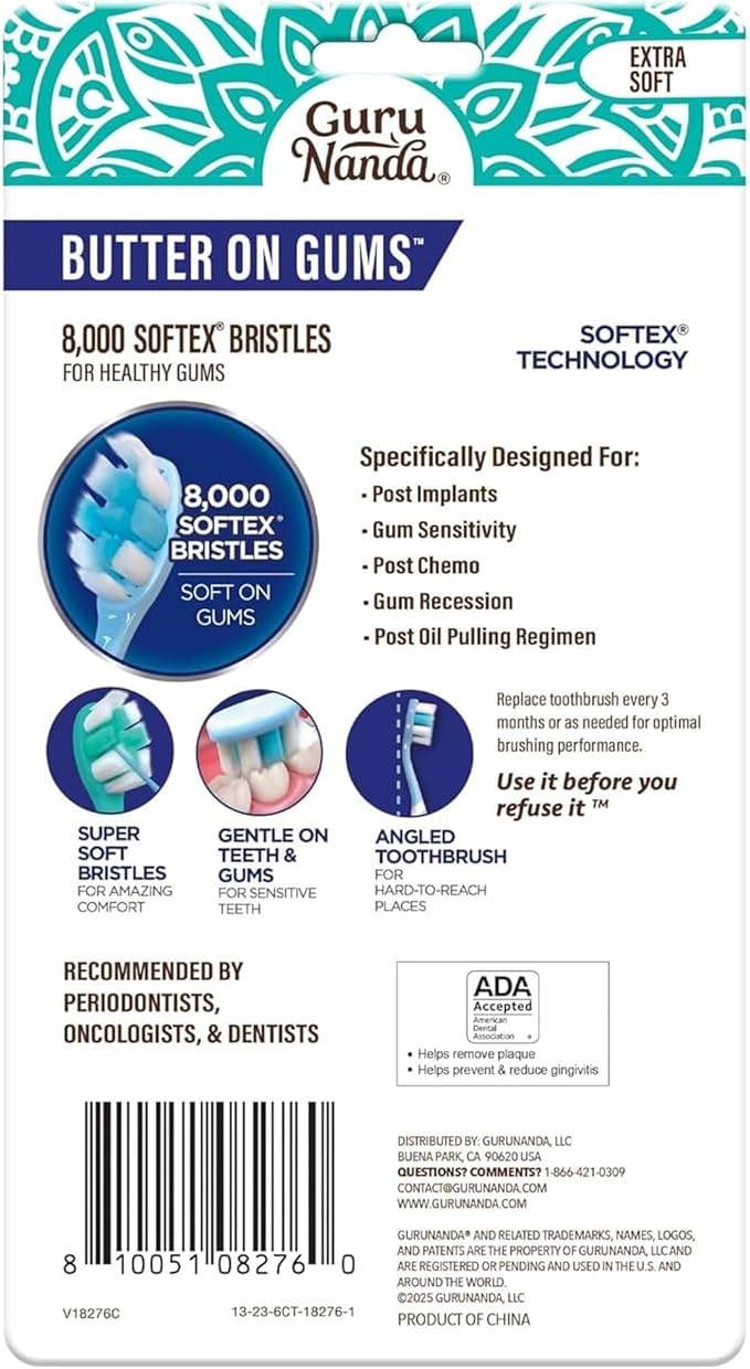 GuruNanda Butter On Gums Toothbrush, ADA Accepted, with 8000+ Ultra Soft Softex Bristles for Sensitive & Receding Gums, Perfect for Whiter Teeth, 6 Ct (Pack of 4)