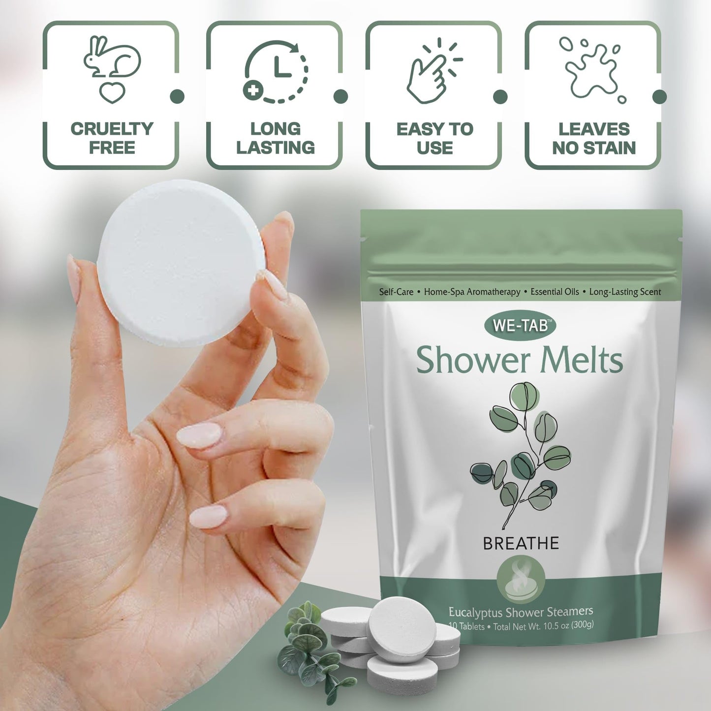 We-Tab Shower Steamers 10-pk with Essential Oil Aromatherapy to Breathe Clear, Long Lasting Eucalyptus Scent, for Relaxation, Stress & Sinus Relief and Self Care. Great for Flu & Cold Season.