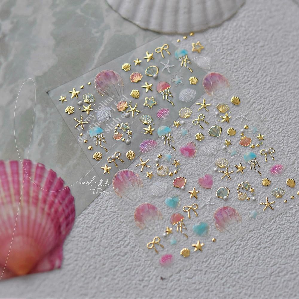 Pink Ocean Seashell Nail Stickers 5D Embossed – Premium Salon-Quality Nail Charm Accessories, Easy Application & Self-Adhesive Summer Sticker for DIY Manicure, Nail Art, Press on, Home or Salon Use