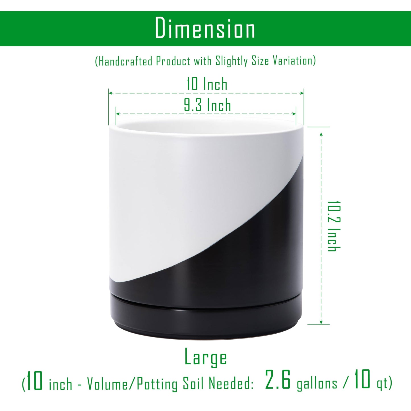 D'vine Dev 10 Inch Ceramic Planter Pot with Drainage Hole and Saucer, Indoor Cylinder Round Planter Pot, Oblique Monochrome Black and White, 94-O-E-K