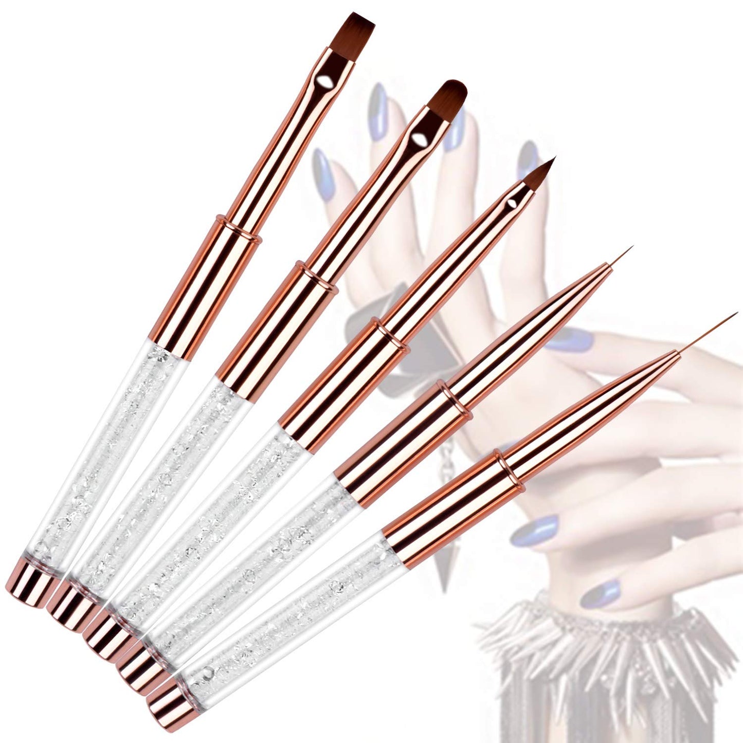 Ycyan 5pc Nail Art Brush Set - Rose Gold Rhinestone Handles with Gel Polish, Liner, Drawing Brushes for Salon & DIY Manicure