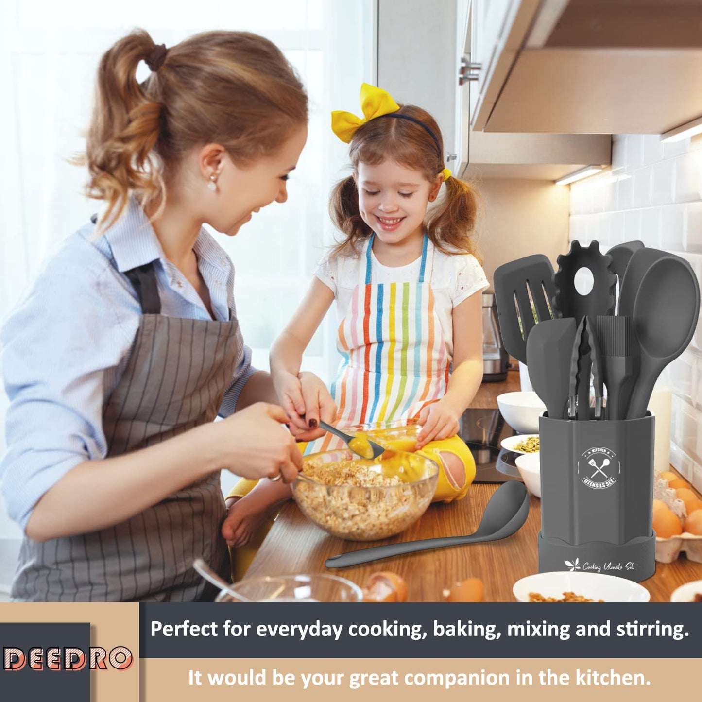 Silicone Kitchen Utensils Set, 16-Piece Silicone Cooking Utensils by Deedro, Heat Resistant Kitchen Tools Set with Holder, Nonstick Spatula Kitchen Gadgets for Cooking & Baking, Gray