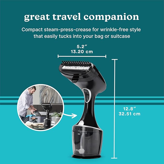 Homedics PerfectSteam Deluxe Handheld Garment Steamer - Fast Heat, Turbo Power, 15-Minute Continuous Steam, Built-In Crease Attachment
