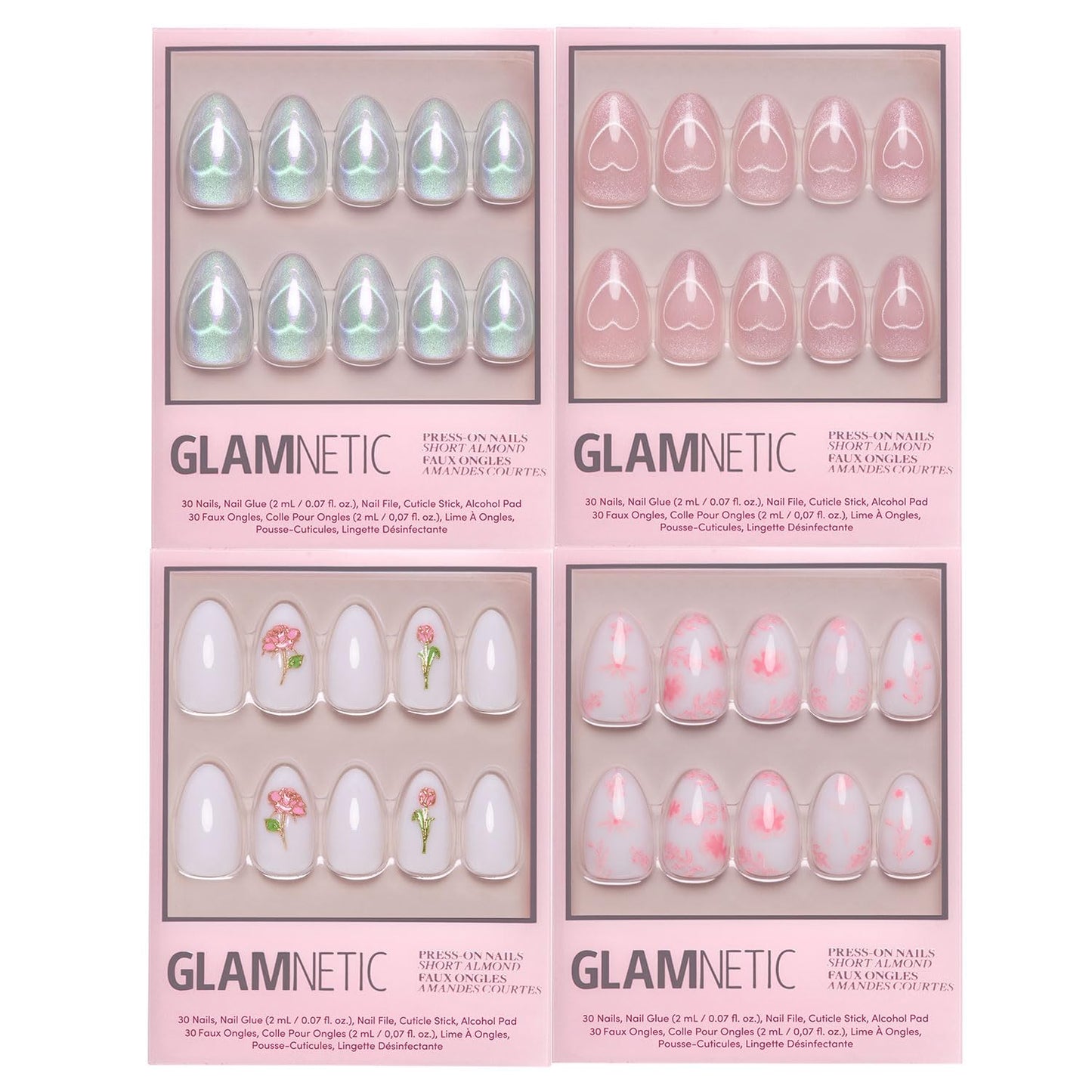 Glamnetic Press-On Nails Bundle - Soft Romance | 4 Short Almond Fake Nails with Floral Details & Velvet Finishes | Durable, Salon-Quality Nail Kits