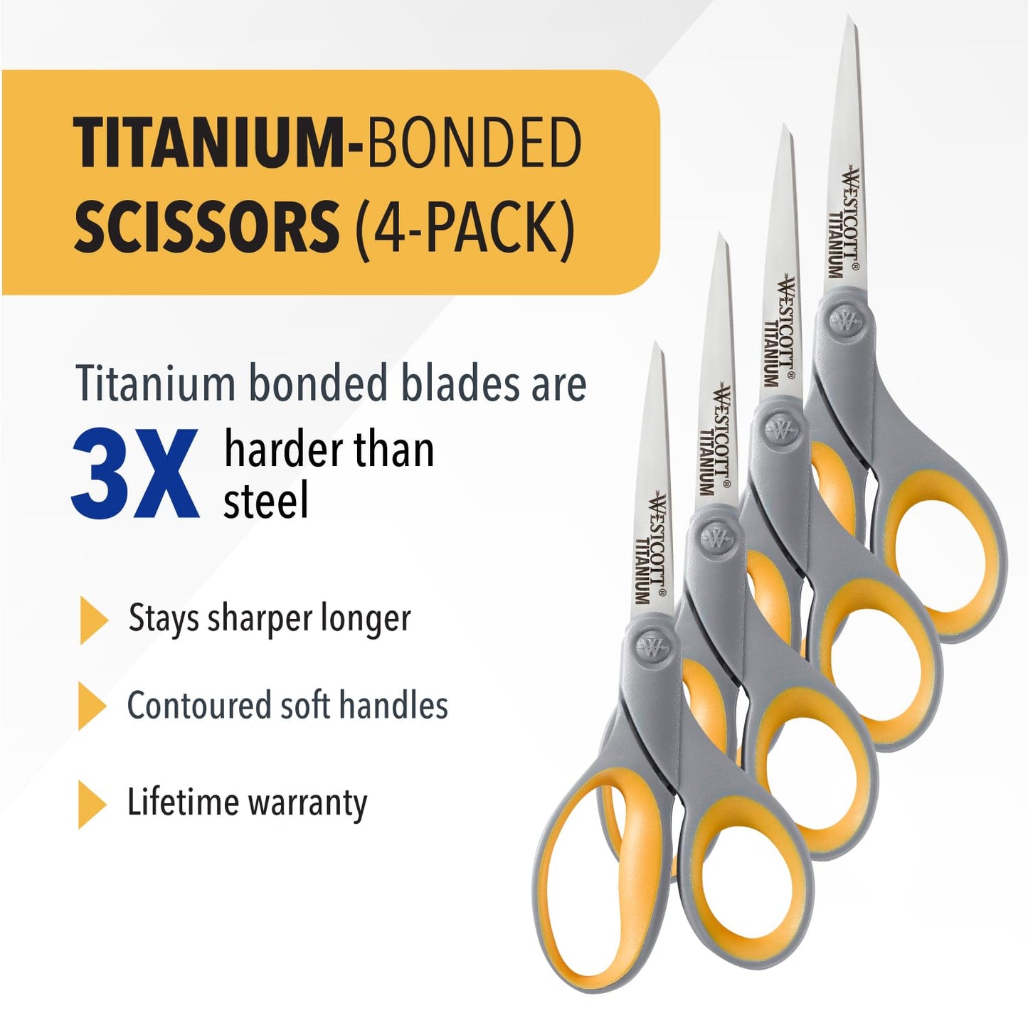 Westcott 8-Inch Titanium Bonded Scissors for Home, Office, and Classroom - Perfect for Cutting Paper, Sewing, and Crafts - Heavy-Duty Design with Soft Handle - Gray/Yellow - 4-Pack
