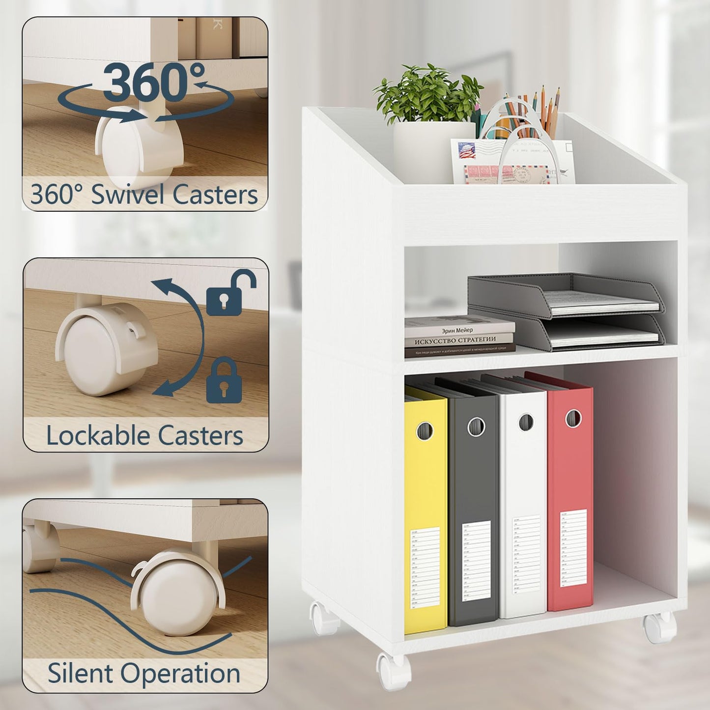 Permory 3-Tier Mobile Files Cabinet, Under Desk White Storage Organizer with Wheels for Home Office (White)