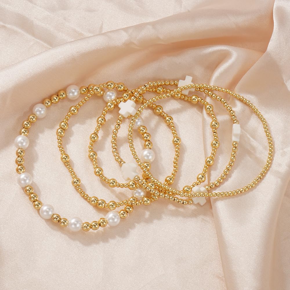 Bohxantium Gold Pearl Beaded Cross Bracelets Stack for Women Handmade Stackable Stretch Boho 14K Gold Plated Beads Ball Bracelets Set Trendy Jewelry Summer Birthday Prom Friendship Christian Gift