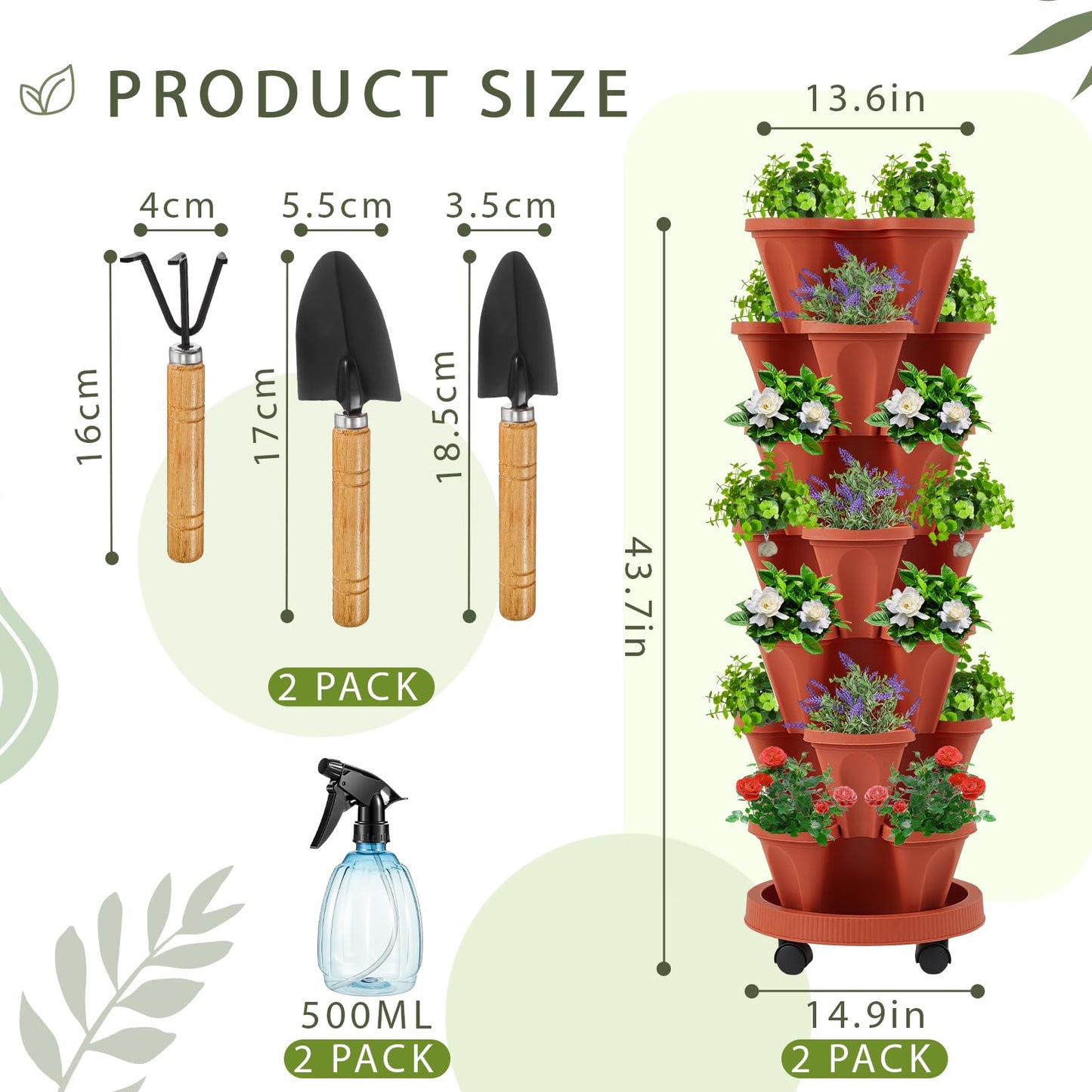 Umigy 2 Set of 7 Tier Vertical Planter Stackable Tower Planters Strawberry Herb Flower and Vegetable Pots Indoor Outdoor Gardening Pots with Removable Wheels and Tools(Brick Red)
