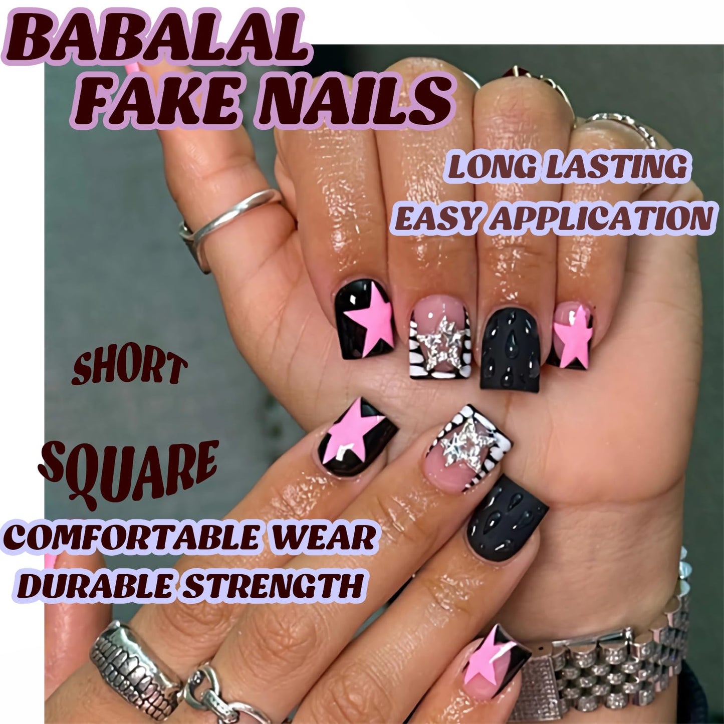 BABALAL Y2K Press On Nails, Short Square Fake Nails with Pink Star Print, Black White Acrylic Stick On Nails for Women 24Pcs