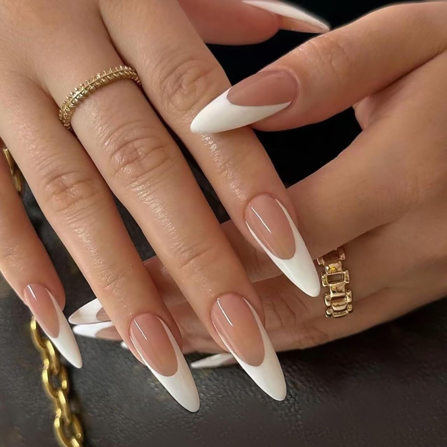 French Tip Press on Nails Medium Almond Fake Nails Nude Pink White Nails Press ons Acrylic Nails False Full Cover Artificial Stick on Nails for Women Girls 24 Pcs