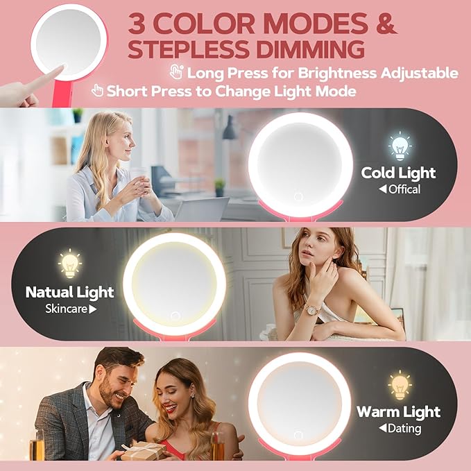 Lighted Makeup Mirror, 30X Magnifying Mirror with Light, Hanging and Handheld Mirror with Handle, Red