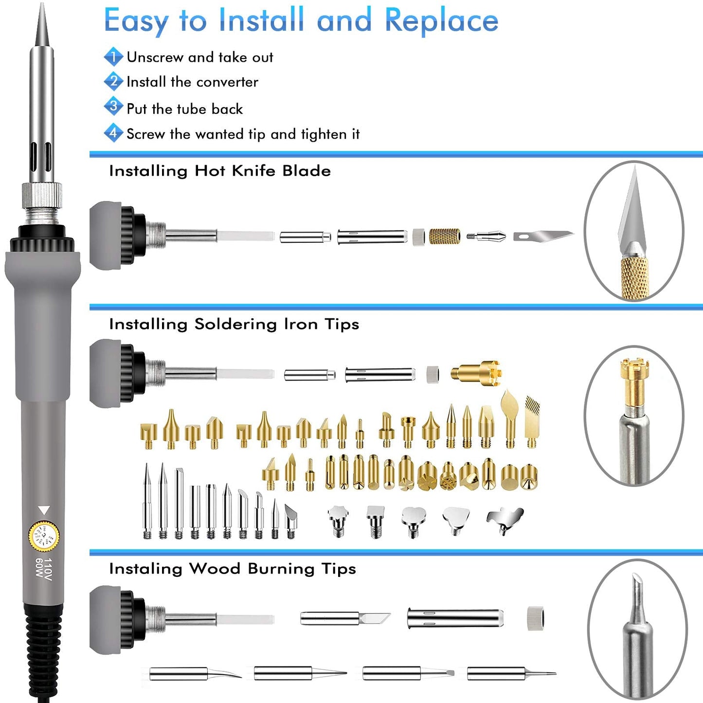 137PCS Wood burning Kit, DIY Creative Tool Set Soldering Woodburning Pen with Adjustable Temperature and Wood Piece for Embossing Carving Tips