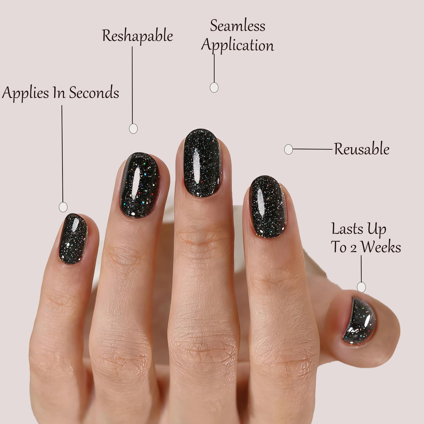 Black Press On Nails Oval Glitter -Short Press On Nails with Nail Glue, Fit Perfectly & Natural Reusable Stick On Nails in 12 Sizes - 24PCS Soft Gel Glue On Nails Kit