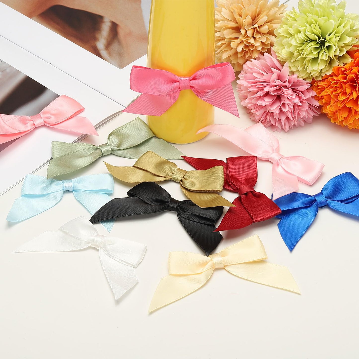 uxcell 1 Set Satin Ribbon Bows, 2.5" Self Adhesive Satin Bows Premade Craft Bow with Double-Sided Tape for Gift Wrapping Making Crafts Birthday Party Wedding Decorations, Black, White