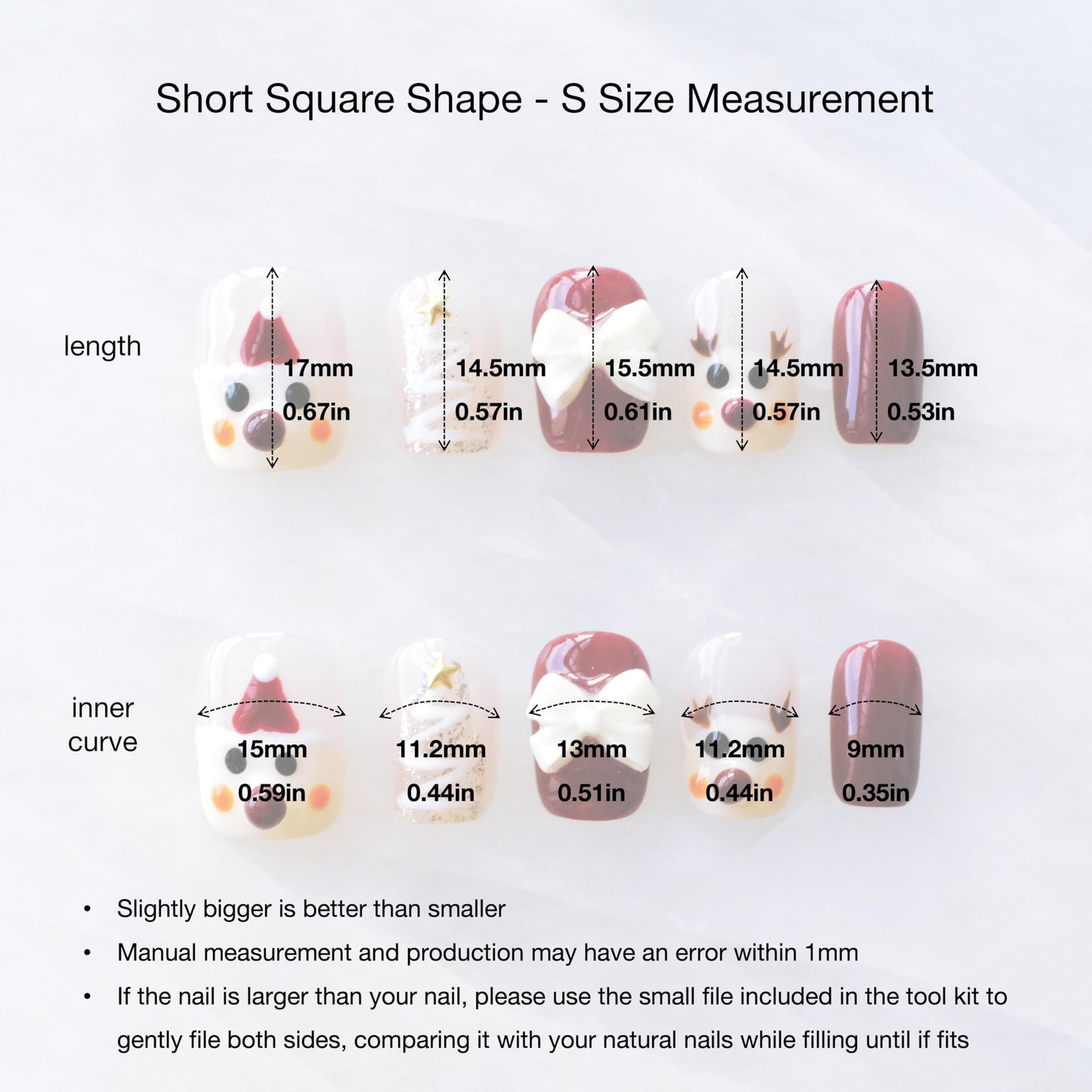 [GLORS] Christmas Press-on Nails, Short Square Festive Design, Holiday Nail Art Set with Reindeer and Bow, 10 Pieces (Small, SS)