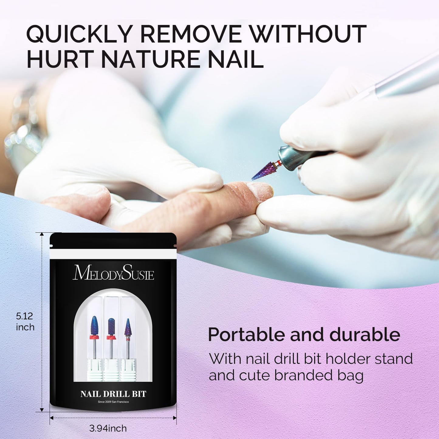 MelodySusie 100Pcs Soft Nail Sponges for Ombre with 3Pcs Nail Drill Bits Set, Long Flame, Smooth Round Top Small Barrel and Tapered Nib Bits