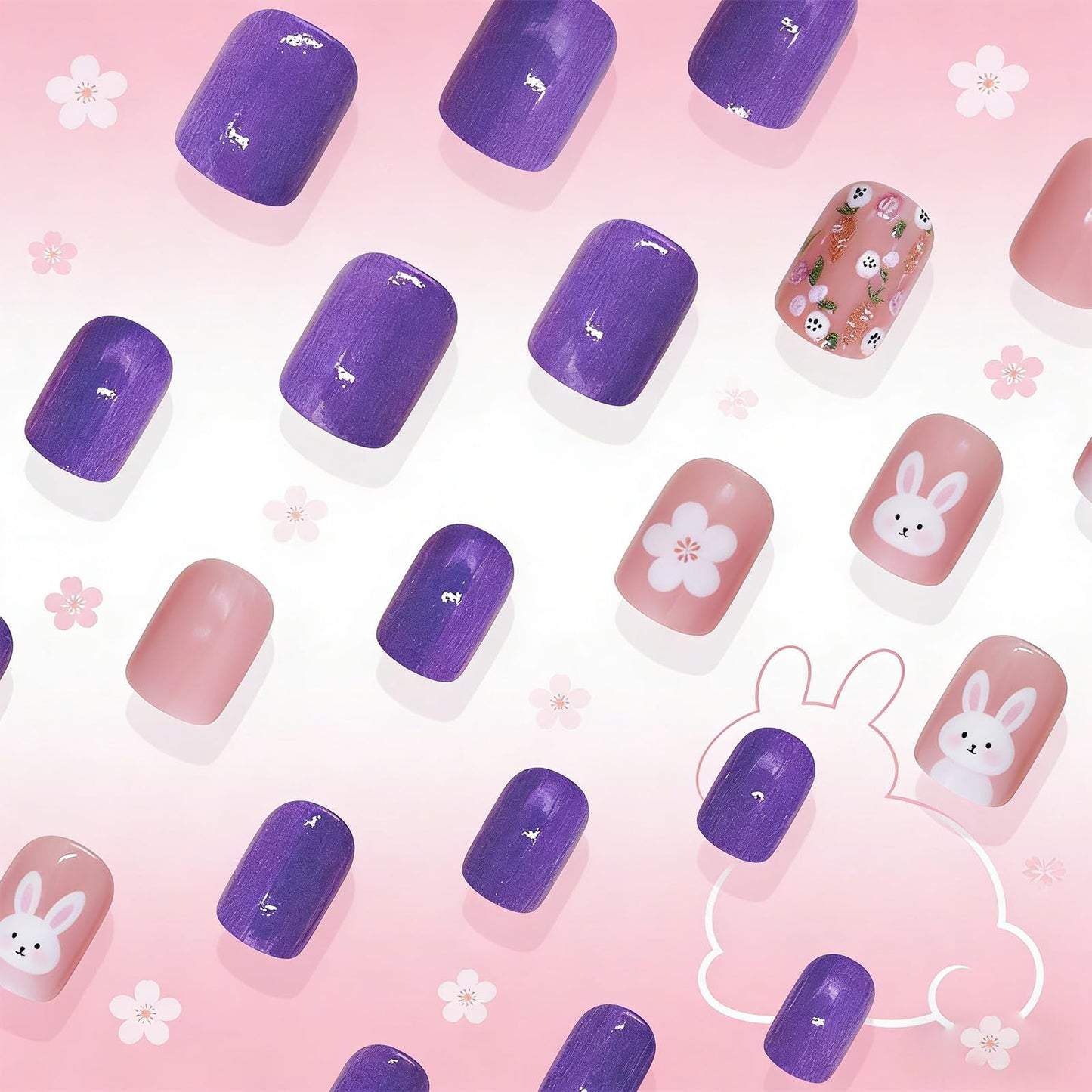 Easter Bunny Press on Nails Short Square Fake Nails with Spring Summer Floral Carrot Pattern Easter Nail Press ons Glossy Purple False Nails Flower Rabbit Glue on Nails for Women 24Pcs