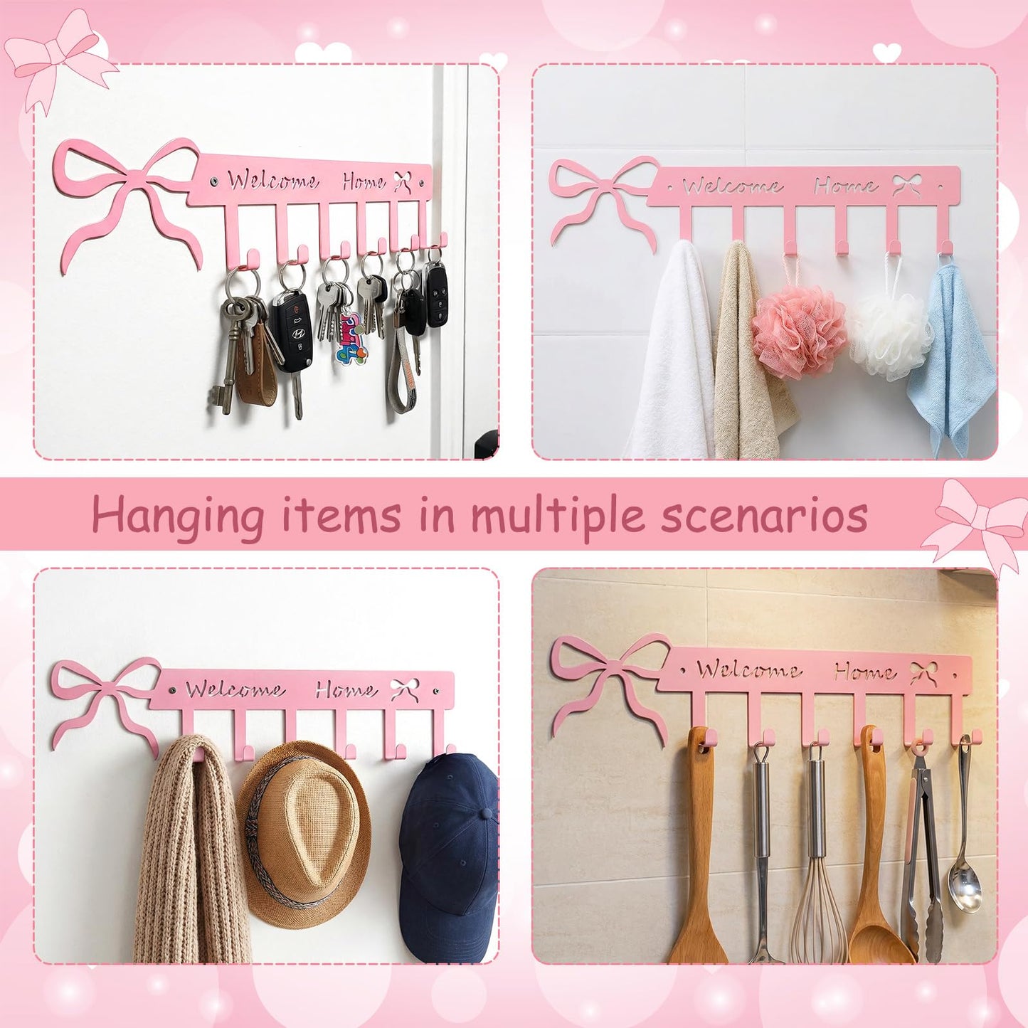 Novabright Pink Bow Welcome Home Key Hook for Wall Pink Bathroom Decor Cute Bow Towel Hooks Coquette Welcome Home Sign Key Holder Wall Mounted Racks 6 Coat Hanger for Bedroom Kitchen Entryway
