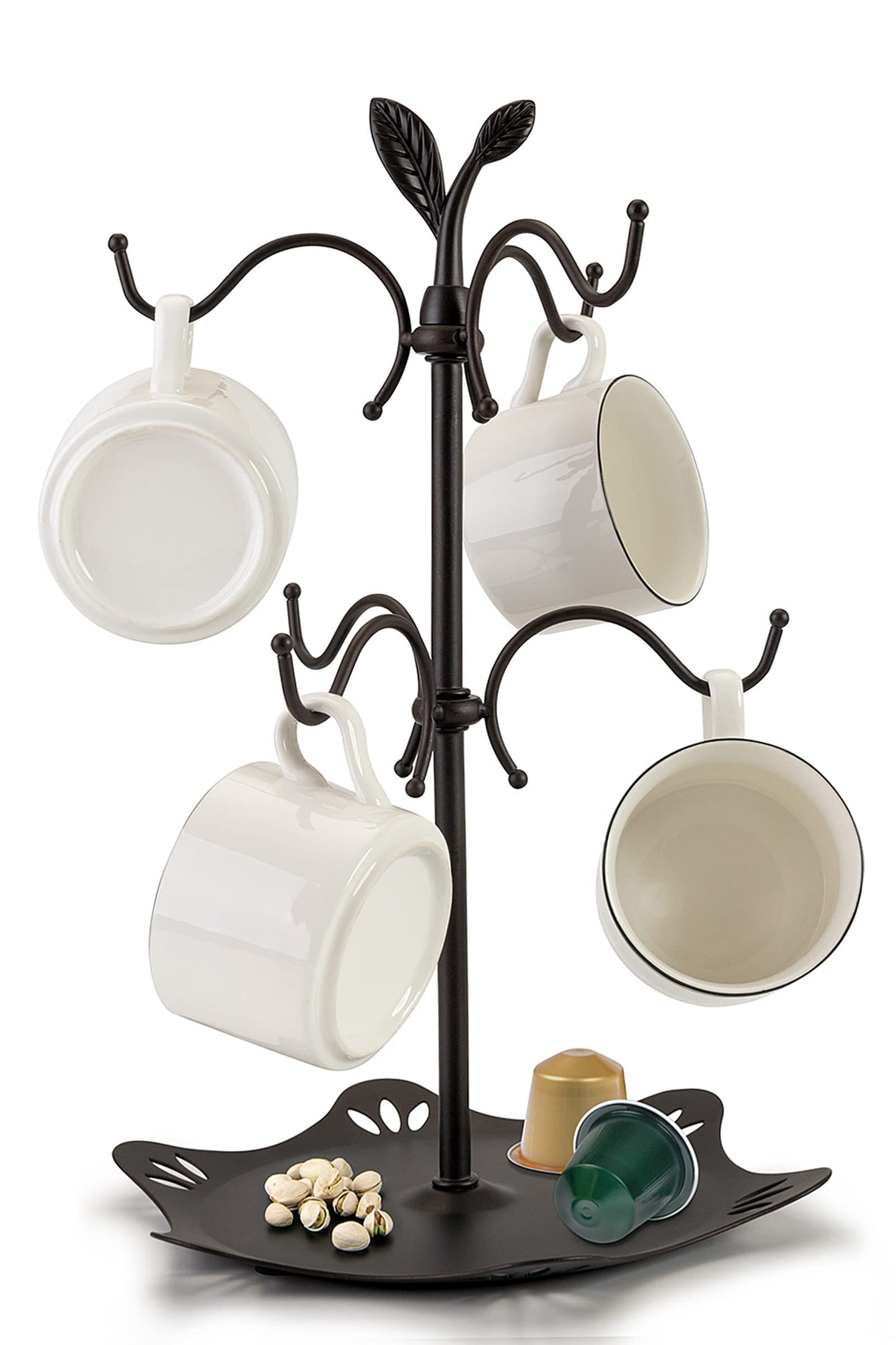 Coffee Mug Holder for Large Mugs, Mug Tree for Counter, Cup Holder for Countertop, Mug Rack with Tray, Metal Mug Tree with 6 Hooks, Coffee Counter Bar Accessory & Kitchen Home Organizer