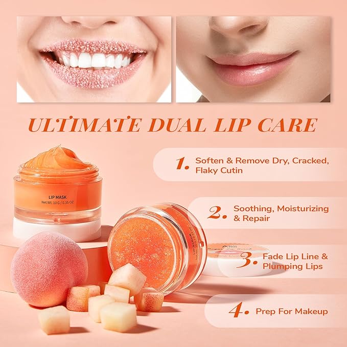 ANAI RUI Lip Care Kit - Mask & Scrub Set, Gift for Mother Girls, Overnight Treatment With Sleeping Mask & Sugar Exfoliator, Moisturizer for Dry, Chapped, Dark Lips, Peach