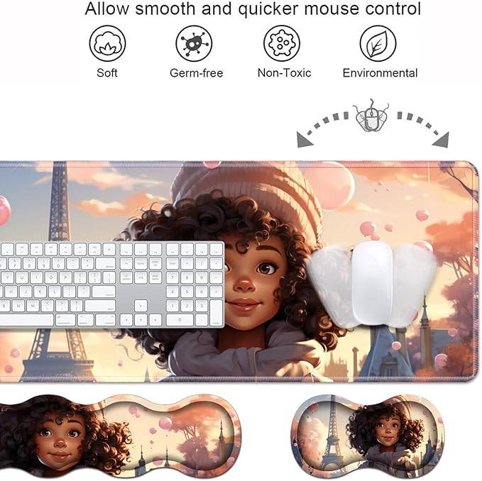 Ergonomic Keyboard Wrist Rest & Mouse Pad Wrist Rest Set, Large XXL Gaming Desk Mat 31.5"x 11.8" with Memory Foam, Easy Typing Pain Relief for Office & Home, Cute African American Girl