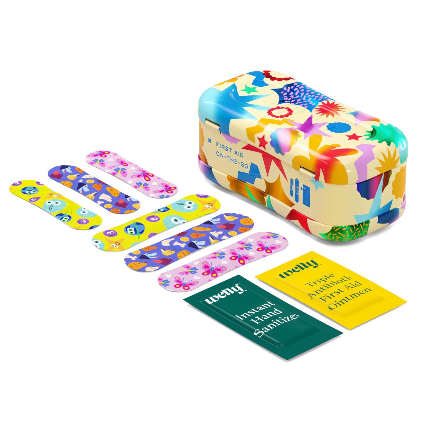 Welly Quick Fix, On The Go First Aid Kit, Assorted Bandages, Ointments, and Hand Sanitizer, Three Color Bandages - 2 Pack