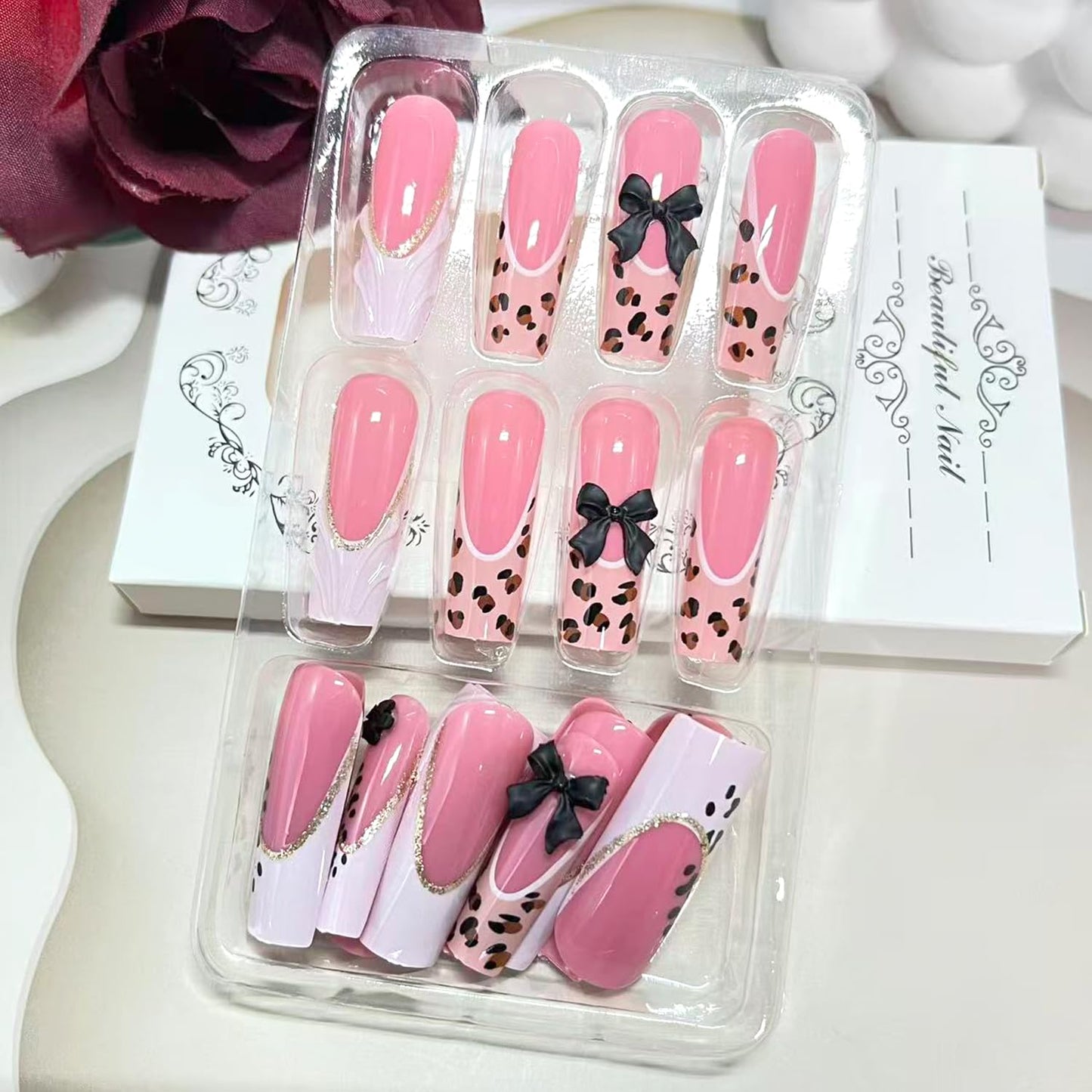 Vopintpy Leopard Print French Tip Press on Nails Long Square Fake Nails with Design 3D Black Bow Acrylic Glue on Nail Reusable Full Cover Artificial Stick on Nail for Women DIY Manicure