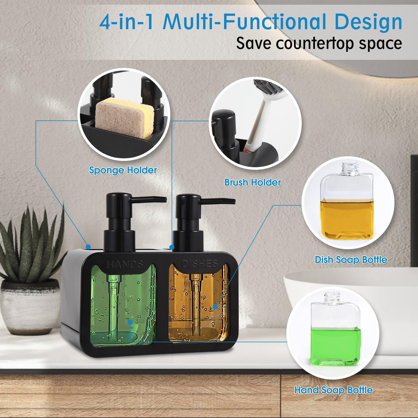 Kitchen Soap Dispenser Set, with Hand and Dish Soap, Sponge Caddy and Brush Holder 4-in-1 Kitchen Dual Soap Dispenser Set for Kitchen Sink, Bathroom - Black