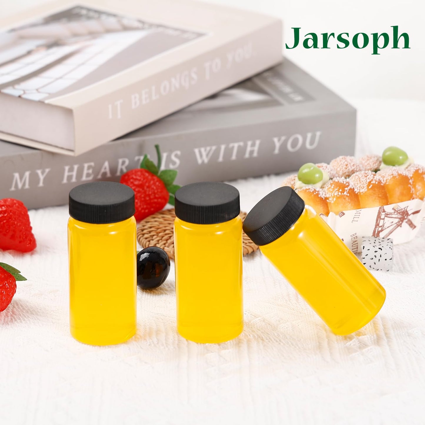 Jarsoph 16 Pcs, 2oz Clear Glass Bottle with Lids, 60ml Small Glass Jar, Leakproof Mini Travel Bottles, Decorative Bottles Set for Juice, Wellness, Spices