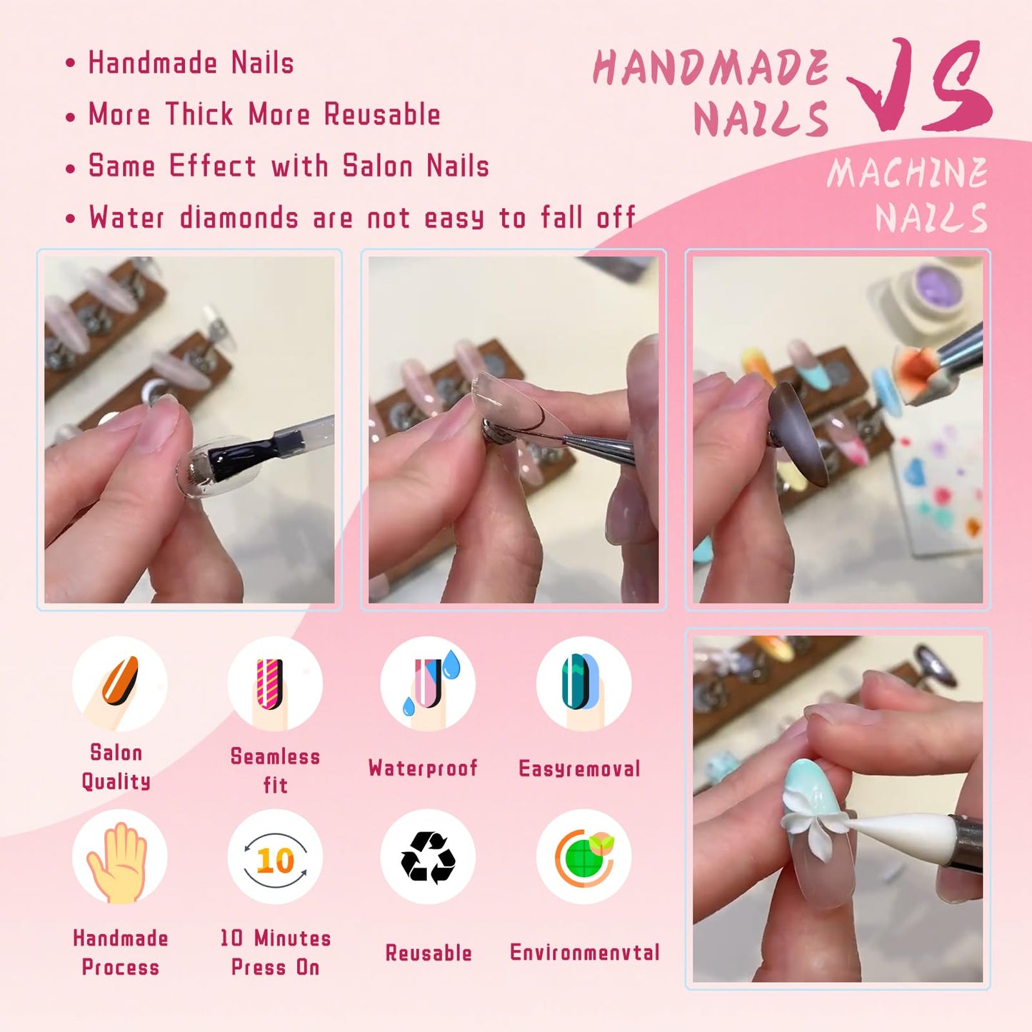 Vanpaga Handmade Press-on Nails Acrylic Almond Shape with 3D Jelly Flowers, Red French Tip & White-Pink Ombre – Short Soft Gel Nails Kit, Reusable Stick-on Nails, Ideal Gift for Women (Size S)