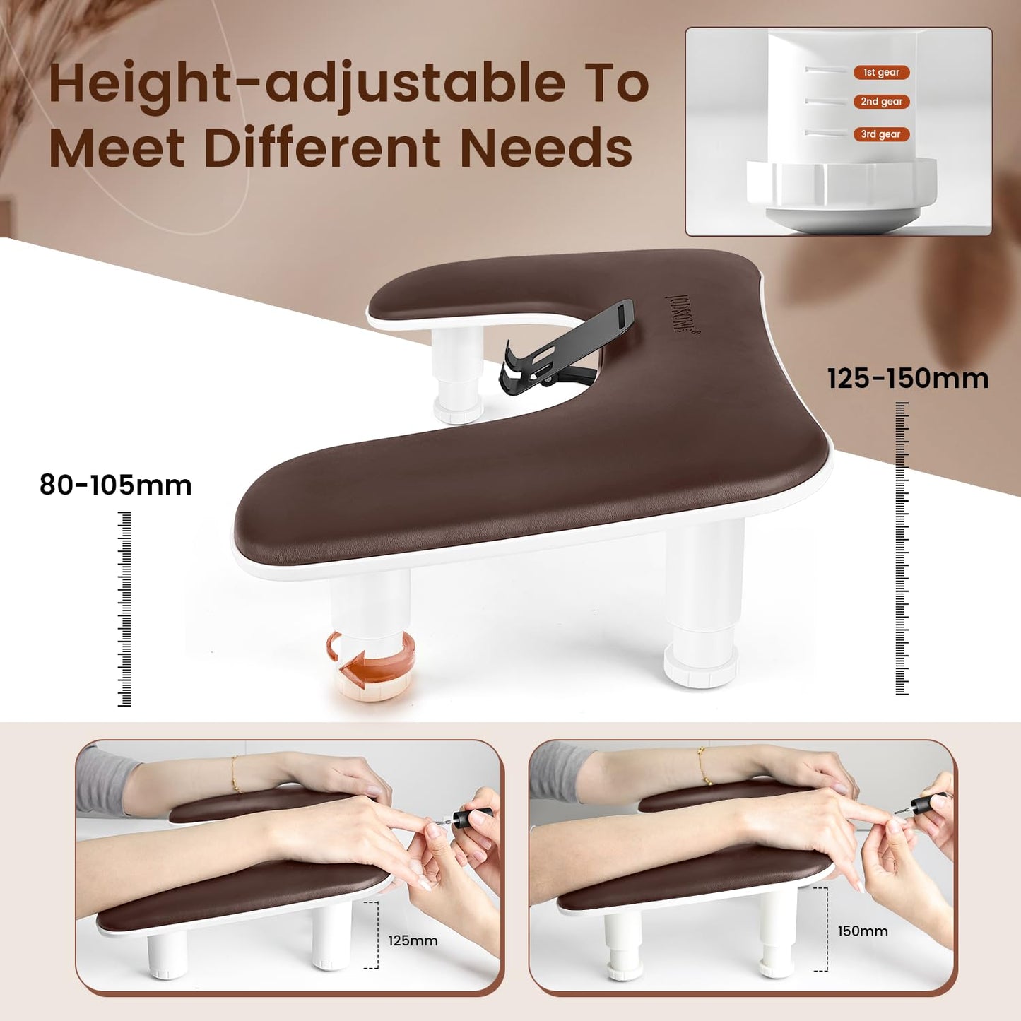 JODSONE U-Shaped Brown Arm Rest for Nails Tech with Rotating 360°Built-In Phone Holder and Adjustable Nail Arm Rest Detachable Manicure Hand Rest for Salon Design