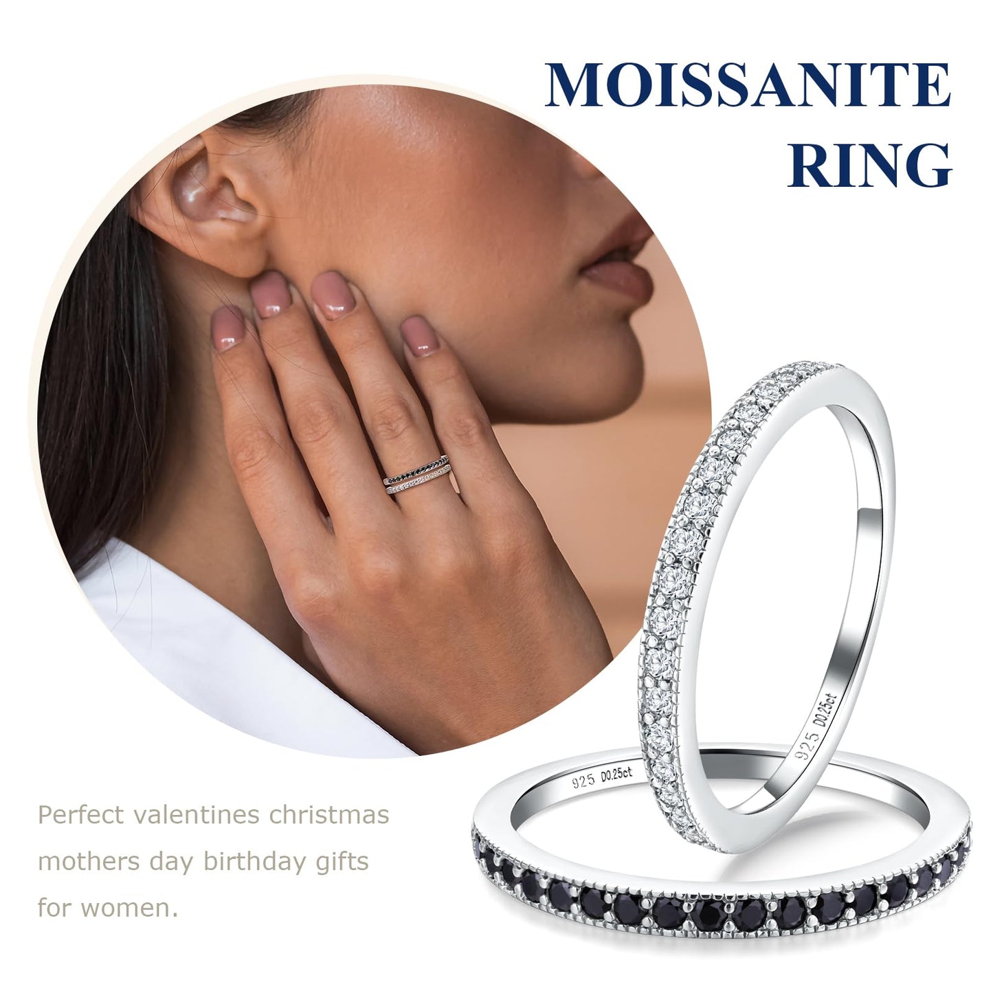 AGRULE 0.25 Cttw Moissanite Engagement Rings for Men Women 925 Sterling Silver Half Eternity Band Ring Stackable Wedding Bands Created Diamond Ring, Size 6