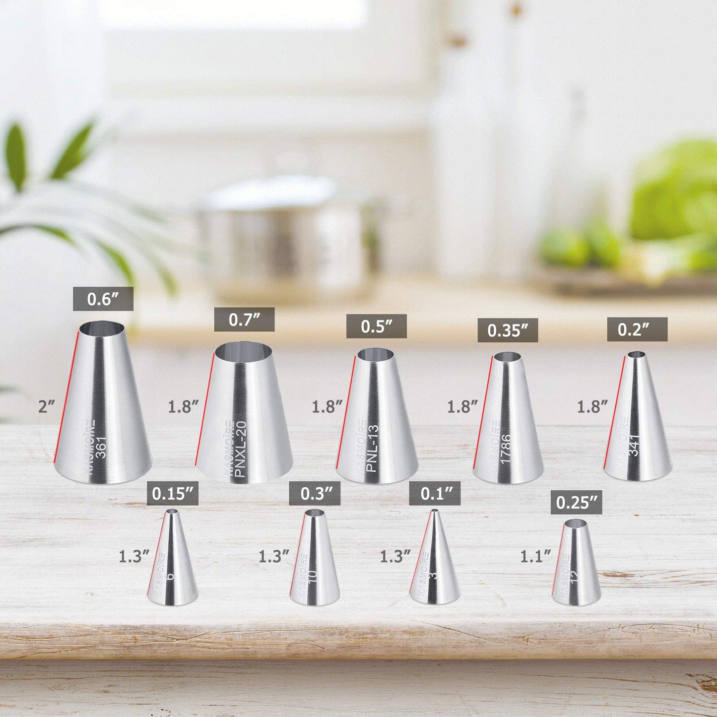 Kasmoire 9 Pcs Round Piping Tip,Macaron Piping Tip,Cake and Cookie Decorating Plain Tube Set