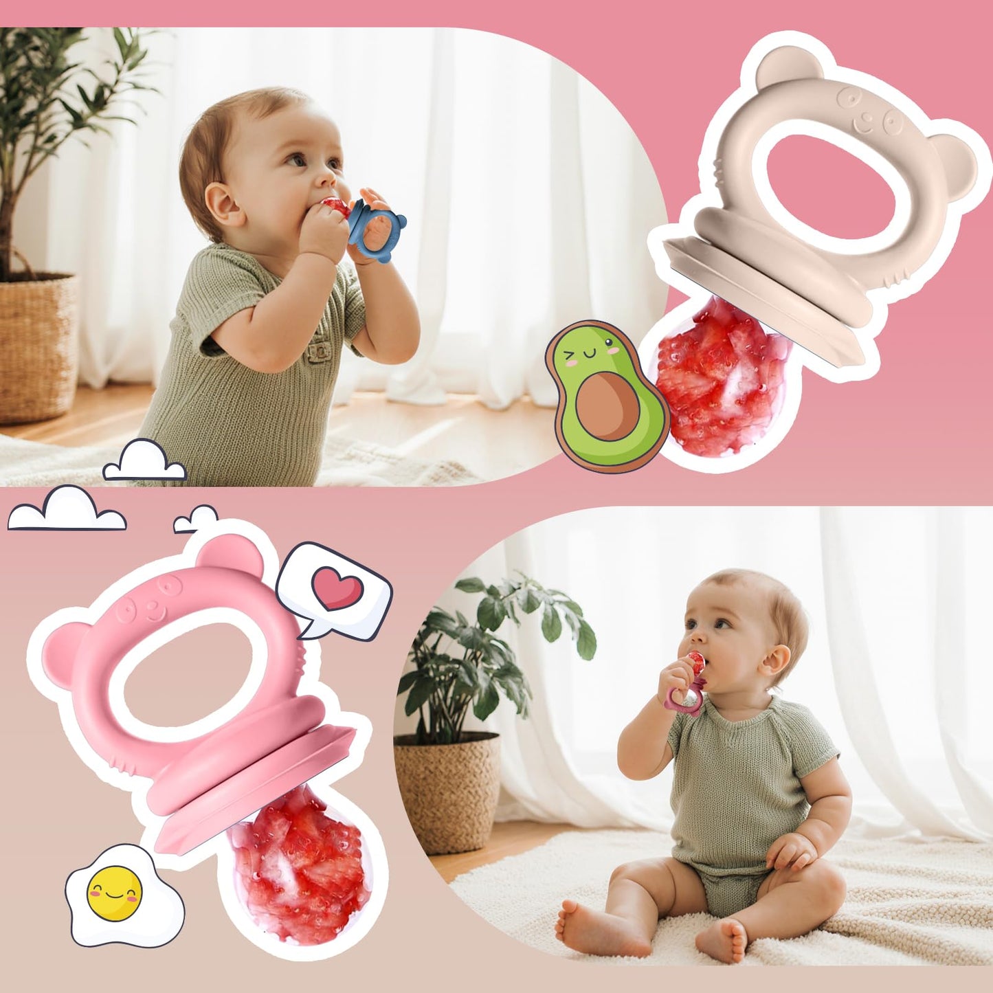 Baby Food Feeder Set, 2 Packs Fruit Feeder & Breastmilk Popsicle Molds Freezer Tray with Lid, Silicone Fruit Feeder to Teething Relief, Introduce New Foods, Baby Feeding Essentials(Red+Beige)