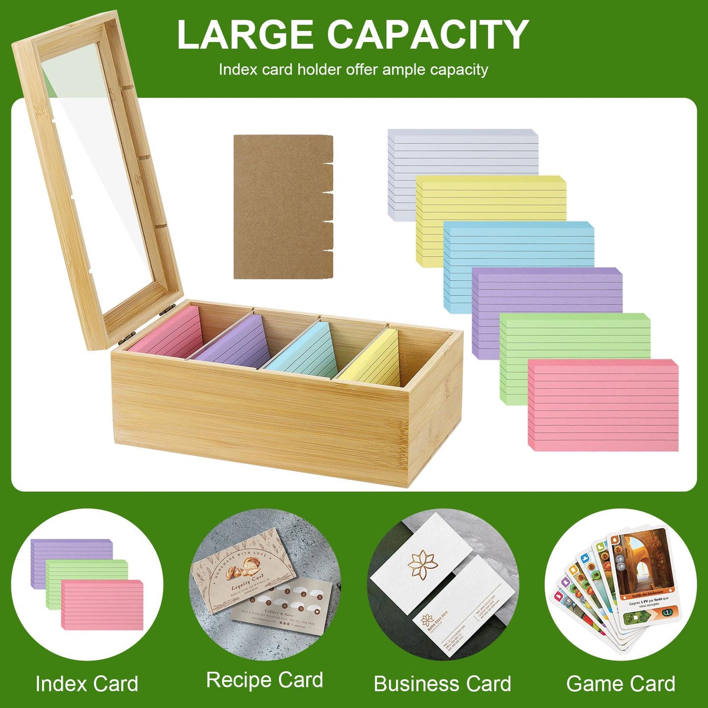 MultiBey Bamboo Index Card Box Organizer, 3x5 Inch with 300 Lined Cards & 3 Acrylic Dividers, Index Cards Storage Kit - Wood Recipe Box With Lid for Home & Office Study