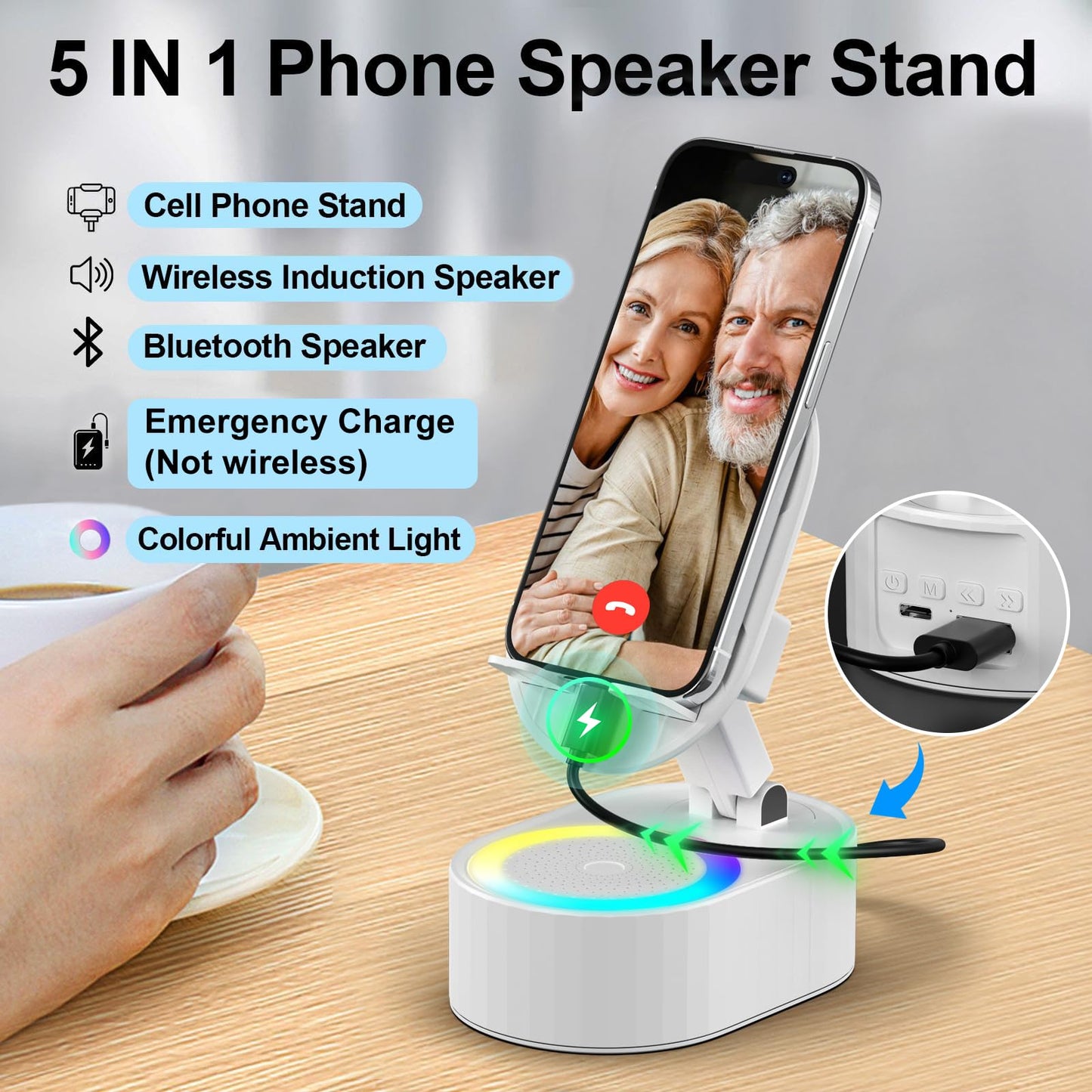 AKLLCCR Wireless Induction Audio Bluetooth Speaker 5in1 Phone Holder Emergency Rechargeable (3000mAh) with Colorful Ambient Light 300° Foldable for Tablet iPhone Android, Gifts for Men Women (White)