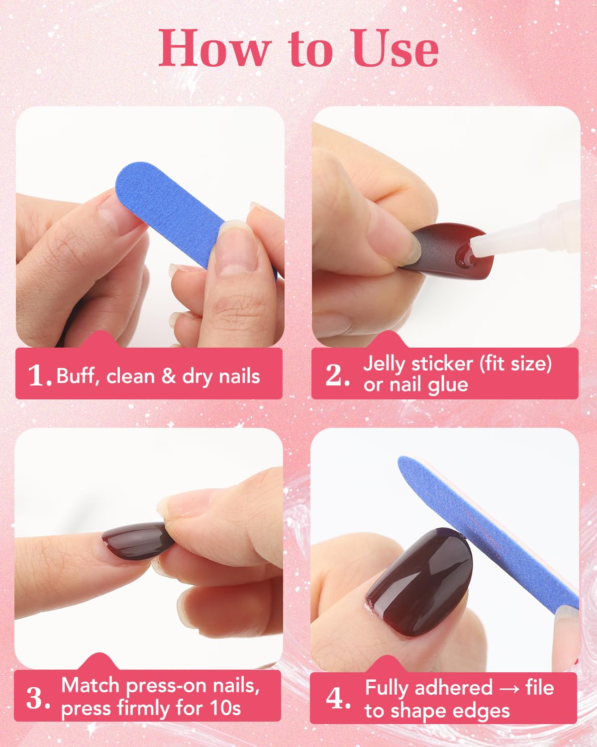 Skiennix Press on Nails Short,30 Pieces Burgundy Oval Fake Nails Reusable Stick Kit with Glue, Adhesive Tabs, Mini Nail File, 15 Sizes Natural Whitening for Women Dark Red