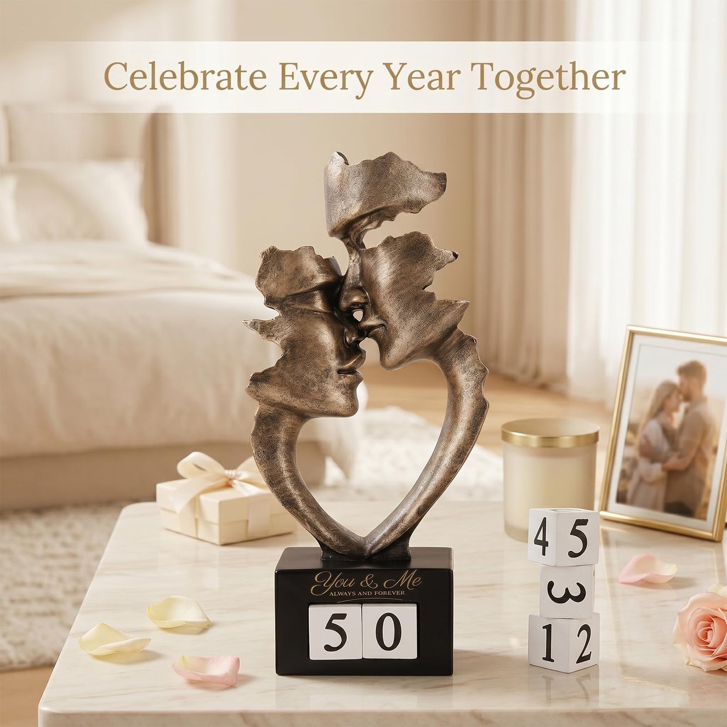 9.84in H Resin Couple Statue with Interchangeable Number Blocks, Antique Bronze Finish Modern Abstract Romantic Couple Figurine for 1st to 50th Wedding, Shelf Bookshelf Bedroom Decor