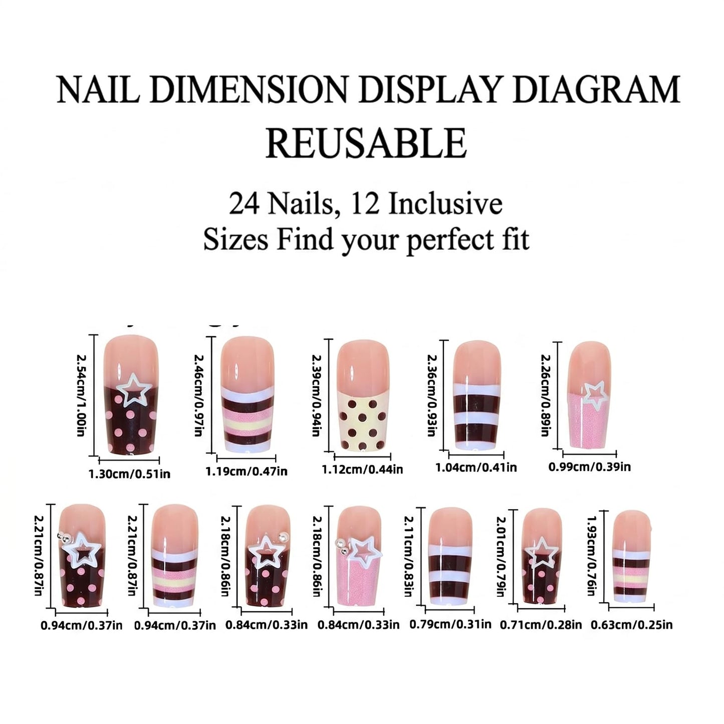 IMSOHOT Square Press on Nails, Long Fake Nails, Pink Black Polka Dot 3D Star Design, 24 Pcs Reusable Glue on Nails for Women, Salon Quality