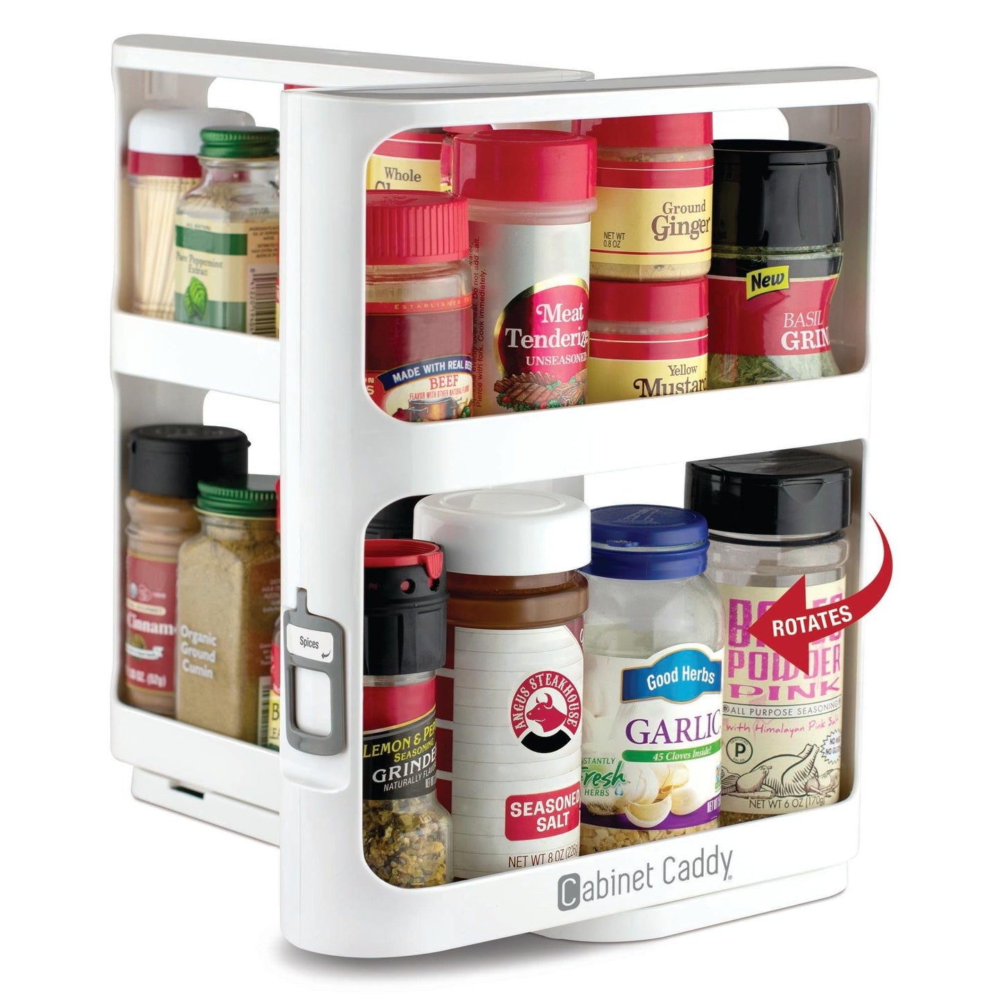 Cabinet Caddy Spice Rack Organizer for Cabinet - Slide & Rotate Kitchen Organizers and Storage - 2 Double-Decker Shelves - Non-Skid Base - Magnetic Modular Design - 10.8" H x 5.25" W x 10.8" D