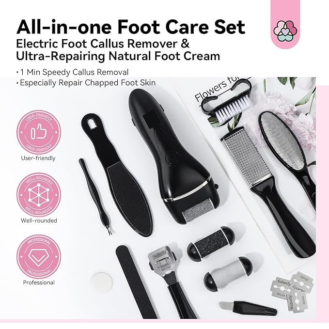 SAVILAND 2024 Electric Feet Callus Remover with Ultra-Repair Foot Cream 120 g: Rechargeable Portable Electric Callus Remover for Feet Professional Pedicure Care Kit for Cracked Dead Skin