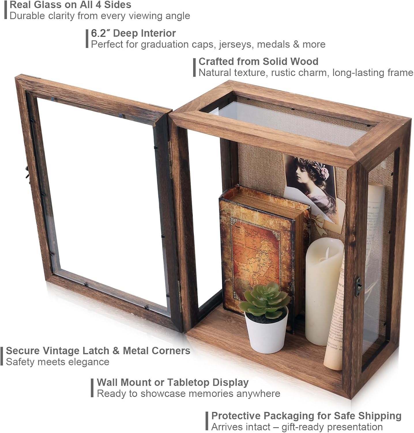 Shadow Box Display Case 11x14 Deep with Glass on 4 Sides, 6.2in Depth Wall Mounted Memory Box for Keepsakes, Wooden Display Case for Graduation Cap, Jersey, Wedding, Medals – Rustic Shadowbox Frame