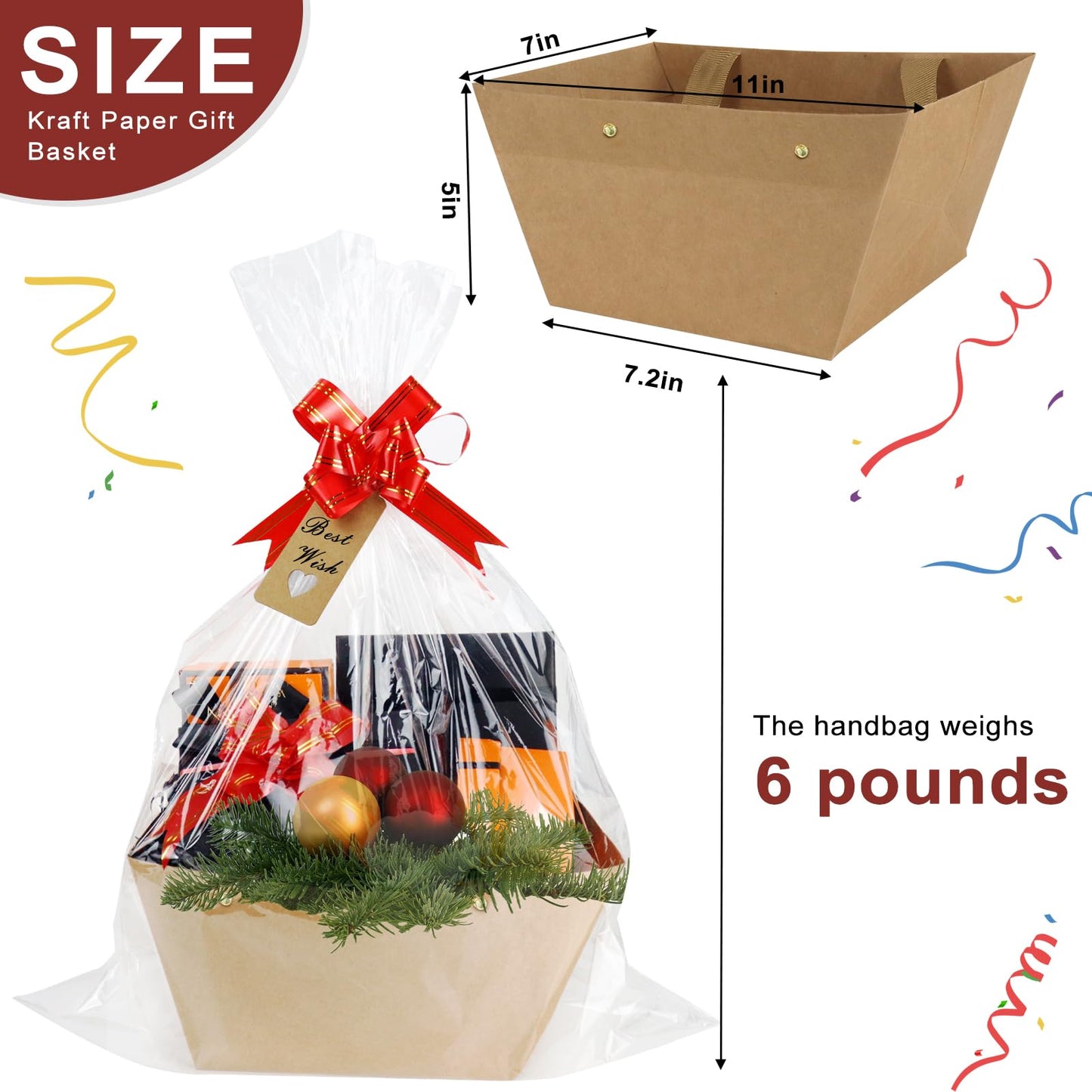 KEVTVEK Bigger Baskets for Gifts Empty, 6 Pack Sturdy Kraft Basket With Handles Gift Basket Kit, 6 Shrink Wrap Bags, 6 Bows and Hang Tag, Empty Gift Baskets to Fill for Graduation, Baby Shower