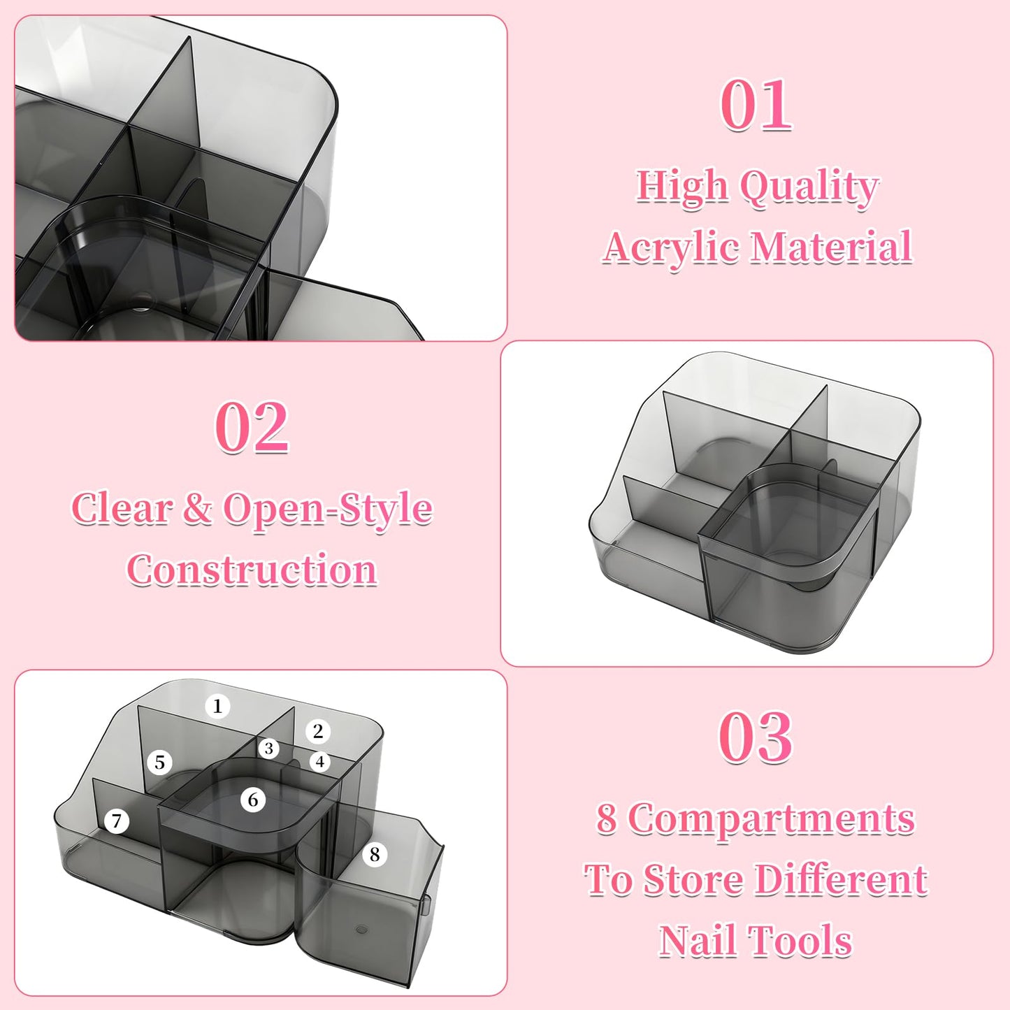 BQAN Transparent Acrylic Nail Desk Organizer with Spinning Drawer, Drill & Brush Holder, Desktop Manicure Tool Storage for Nail Techs, Makeup, Skin Care (Black) - Professional Salon or Home Use